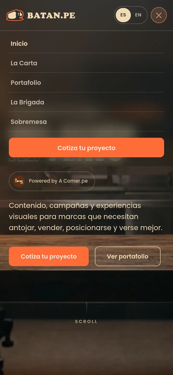 Menú de Batan abierto en celular