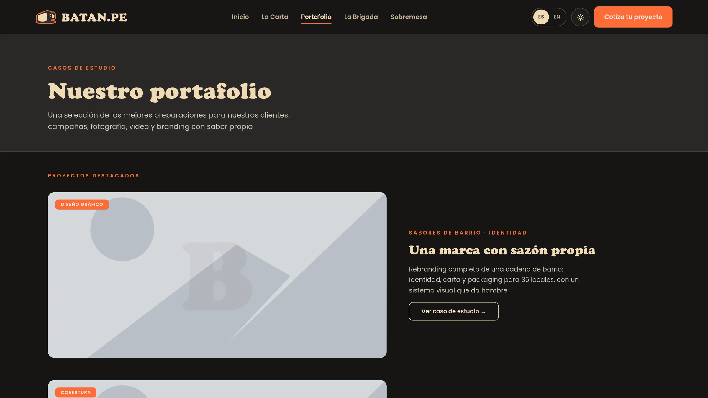 Portafolio de Batan en modo oscuro, en compu