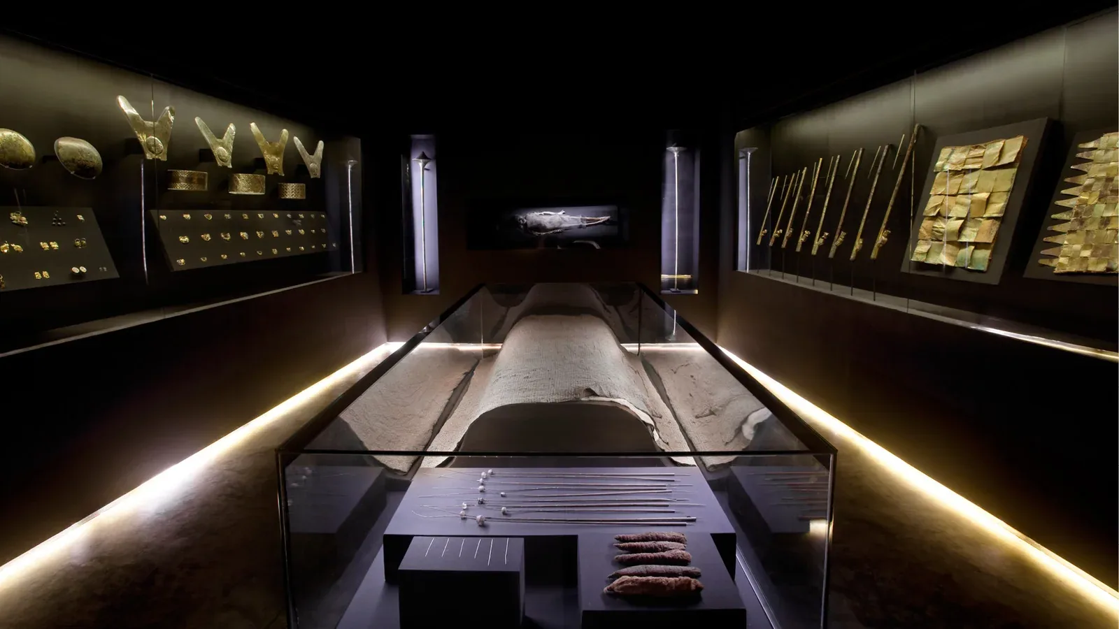 Sala del Museo Cao con vitrinas iluminadas
