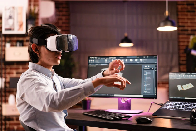 Creador trabajando con un visor de realidad virtual